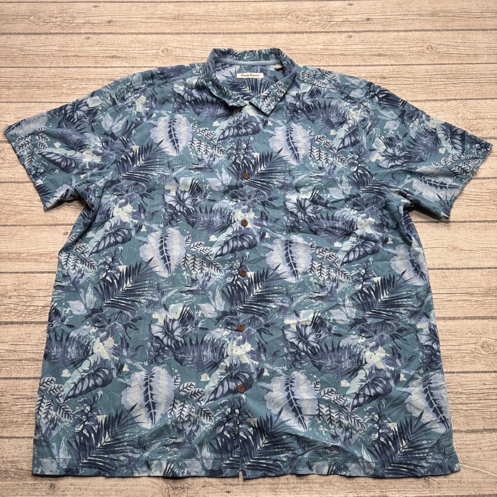 Tommy Bahama Shirt Men's 3XLT Blue Tropical Leaf Hawaiian Button Up Short Sleeve